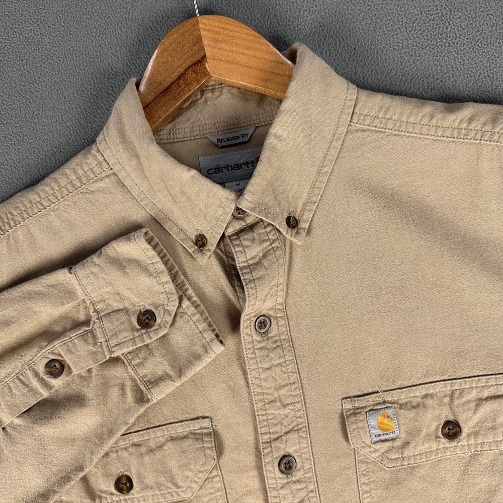 Carhartt Shirt Mens Medium Beige Tan Cotton Chambray Work Pocket Western Cowboy